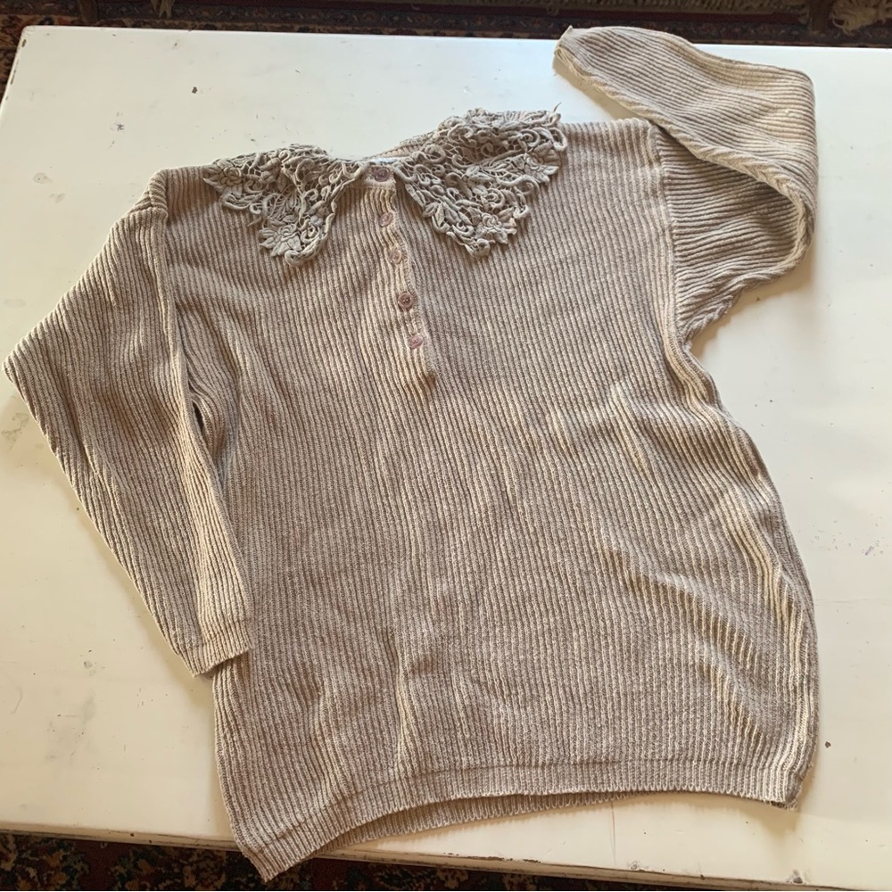 Vintage sweater eyelet lace collar Victorian cottage core